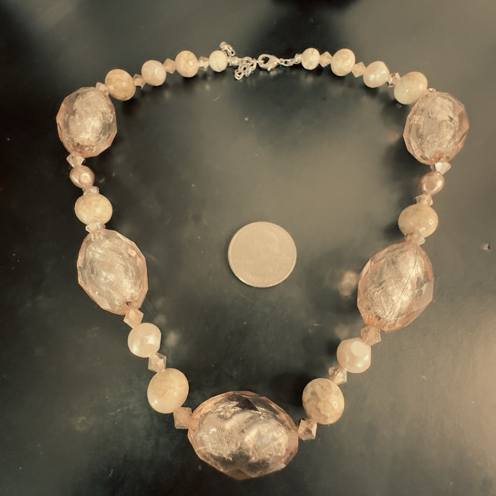 Lucite beaded Necklace & Earring Set Faint Rose & Clear Faceted Beads 16" - 18" - Picture 6 of 7